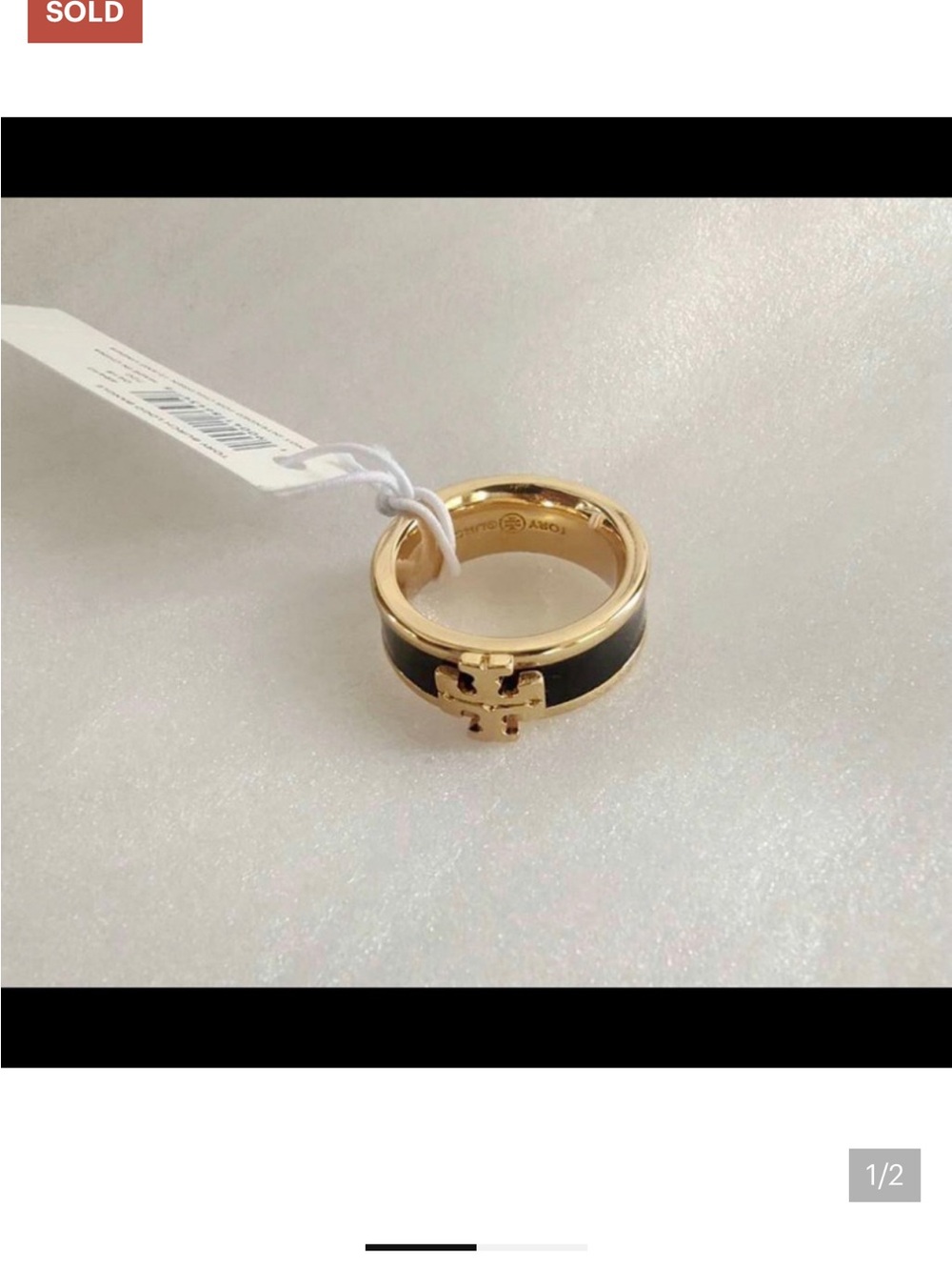 Tory Burch Gold and Black Logo Band Ring